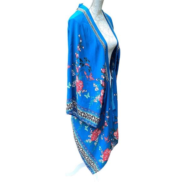 Flying Tomato Kimono Jacket Robe Kaftan Cover Up Blue Red Floral Sz S/M Boho - Picture 3 of 10